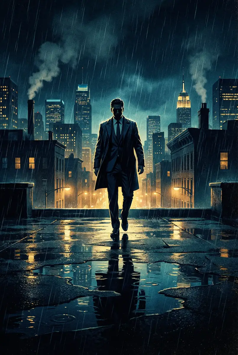 细雨作乐 电影 出品影片《雨夜独行者》海报，雨中城市屋顶男性剪影
